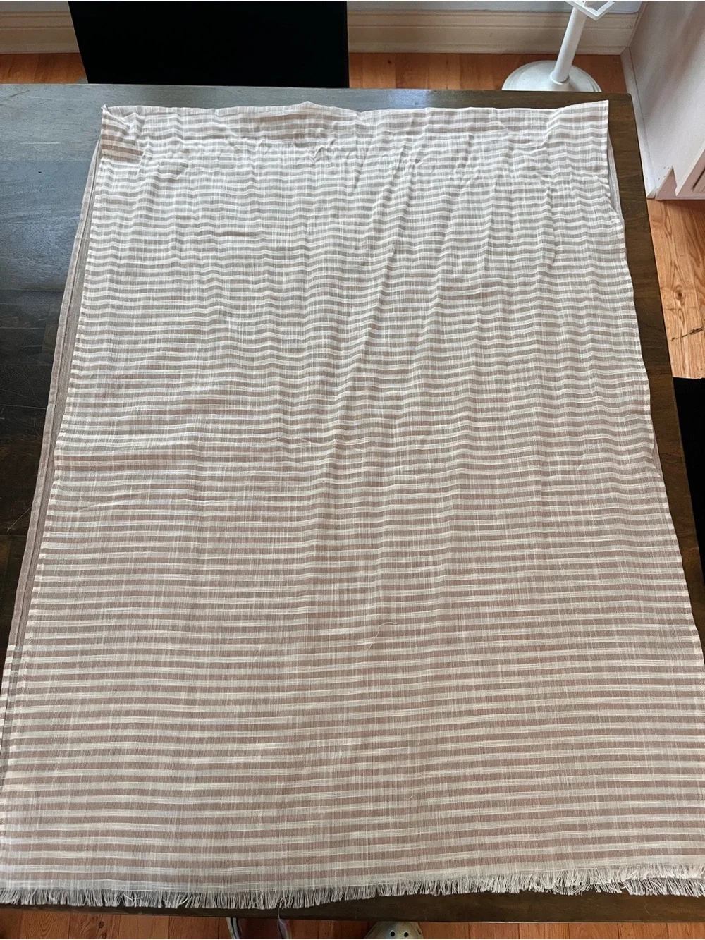 Light Sand Striped Cotton-Blend Scarf with Fringe